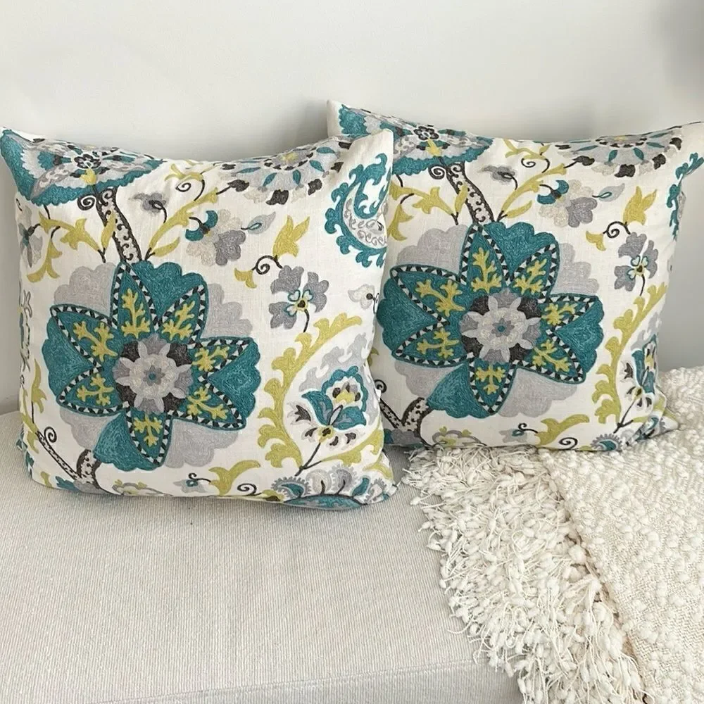 Frontgate Blue Feather, Floral Accent Throw Pillows (2) 16”x26